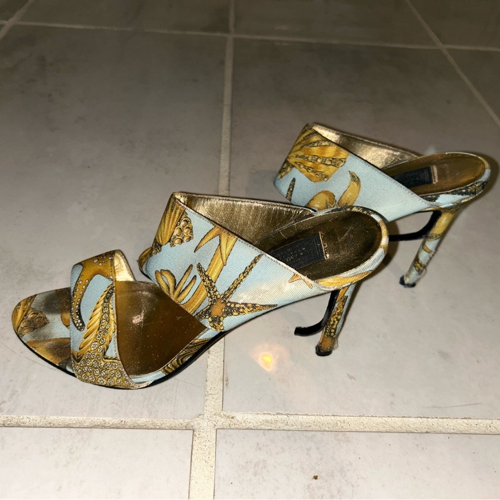Versace Gold and Blue Heels Strappy Design
